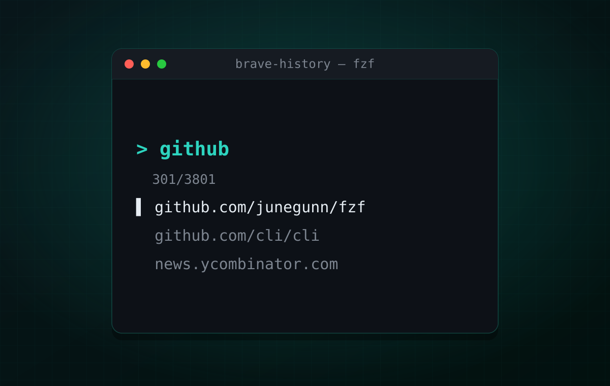 Terminal showing fzf fuzzy-searching Brave browser history