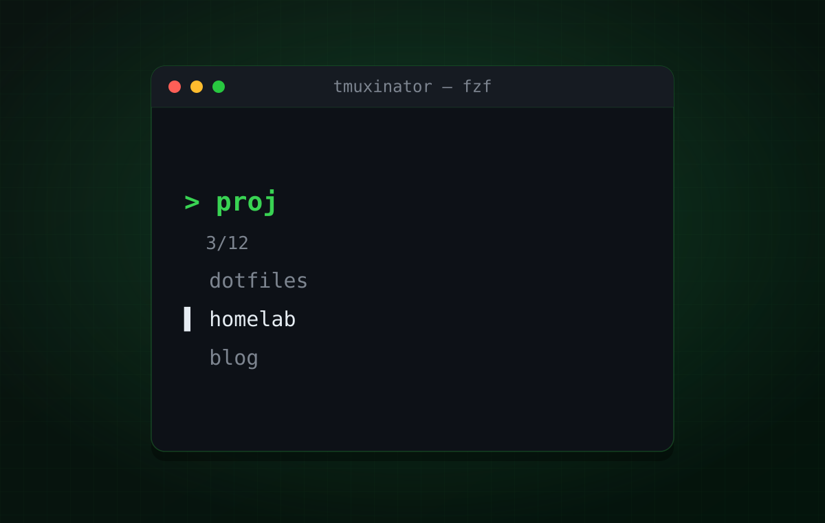 Terminal showing fzf selecting a tmuxinator project