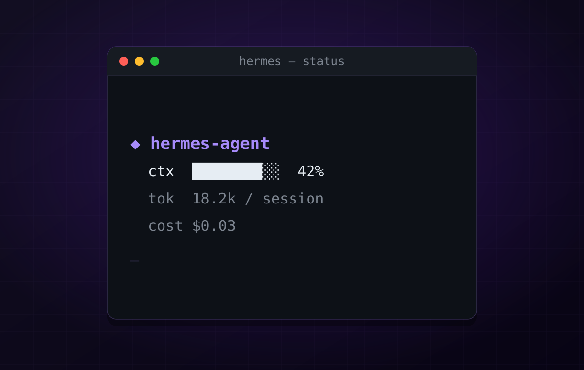 Terminal showing the Hermes agent status bar with context and token usage