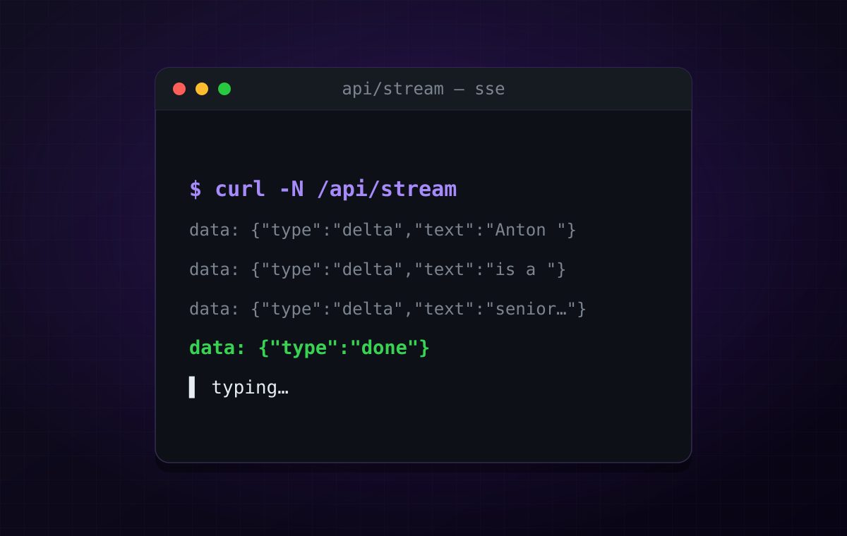 Terminal streaming Server-Sent Events — data delta frames printing an answer word by word