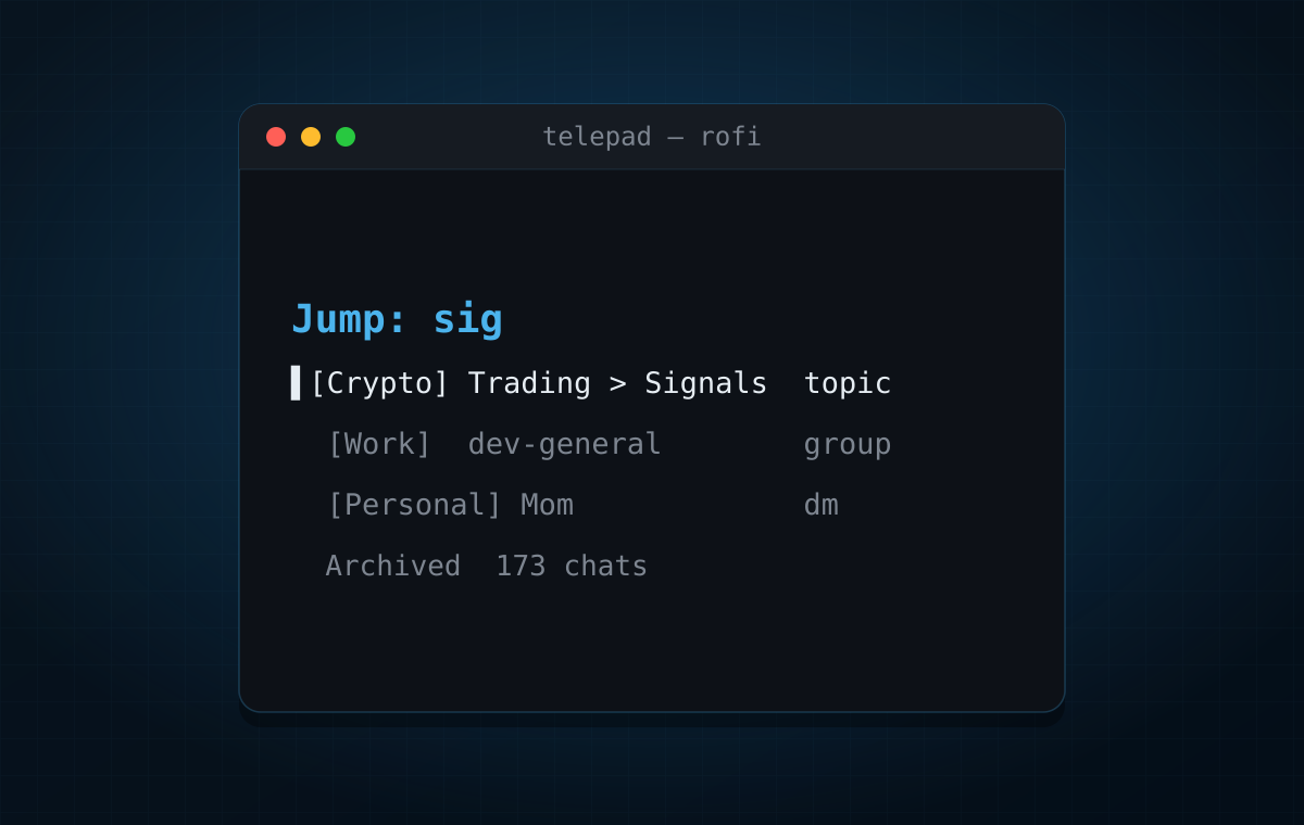 Rofi menu listing Telegram chats across multiple accounts