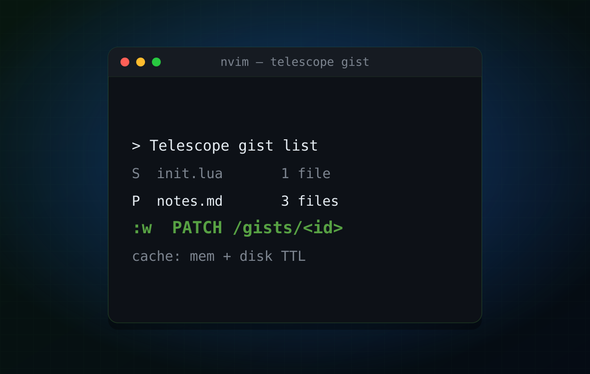 Neovim Telescope picker showing GitHub Gists