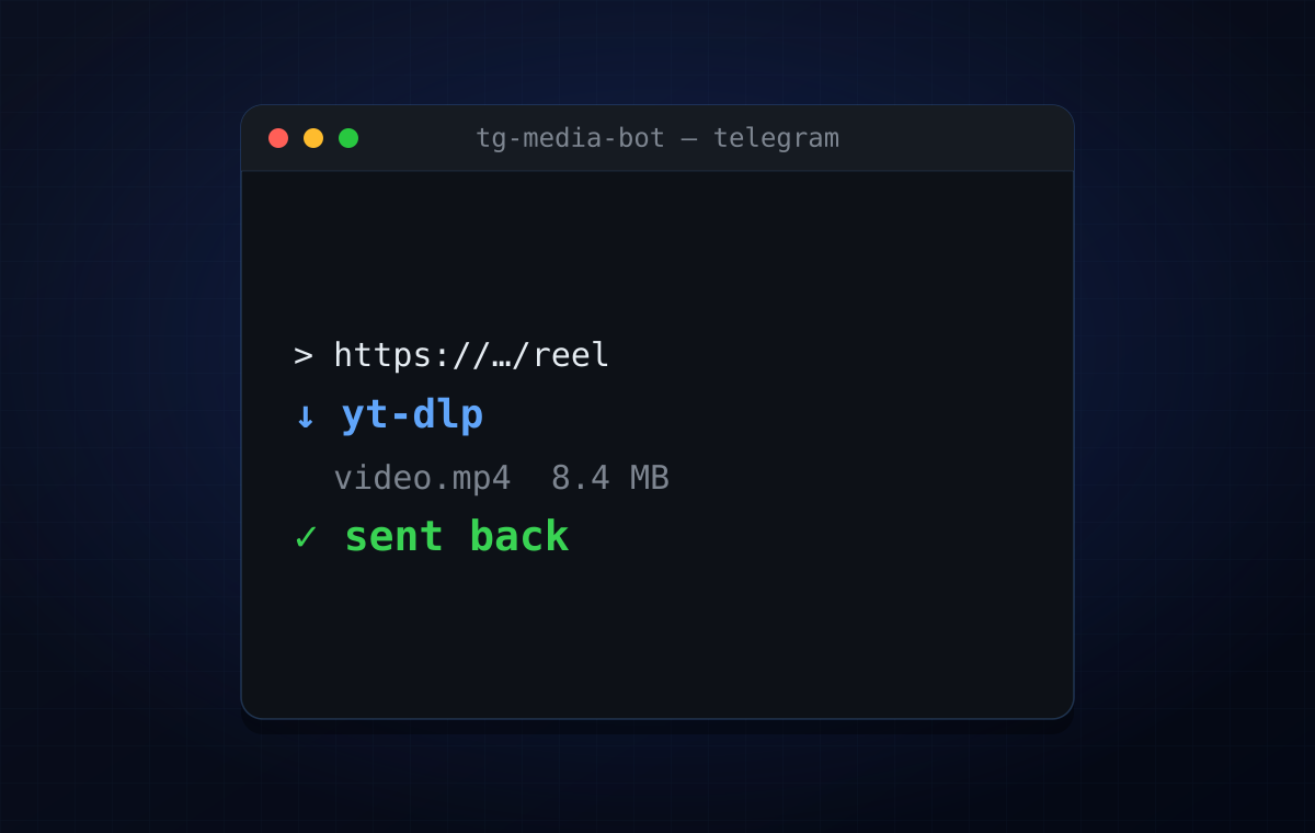 Terminal showing tg-media-bot fetching a link