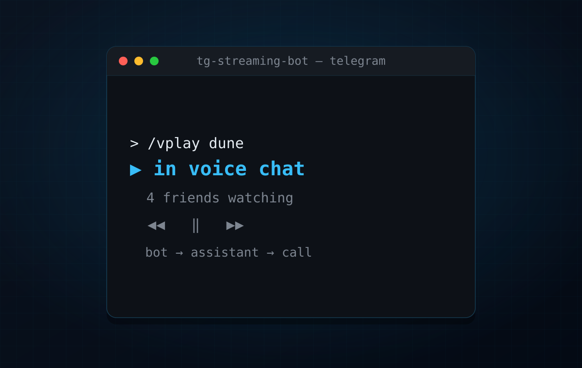 Terminal card: tg-streaming-bot playing a movie into a Telegram voice chat